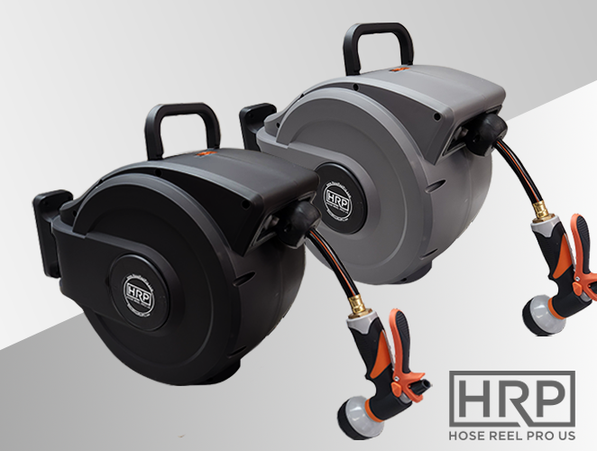 grey and Black garden hose reel