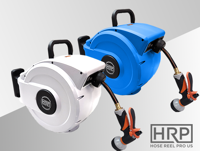 Blue and White Garden Hose Reel